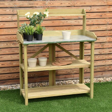 HYGRAD? Garden Planting Bench, Wooden Outdoor Potting Table with Metal Tabletop, Flower Plant DIY Workstation for Patios, Courtyards & Balcony
