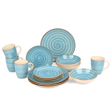 LEOM 16-Piece Tableware Ceramic Dinnerware Set, Spiral Pattern Stoneware Dinner Set, Service for 4, Handpainted Swirl Design Plates, Bowls and Cups