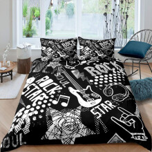 Loussiesd Teens Guitar Comforter Cover Rock Music Themed Bedding Set for Boys Kids Black White Musical Graffiti Duvet Cover Instruments Print Room