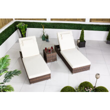 GIARDINO Brown Rattan Sun Loungers Set of 2 with Side Table - 2 x Luxury Rattan Sunbeds Loungers for Garden & Patio Furniture - Aluminum Frame PE
