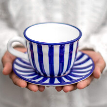 City to Cottage? Navy Blue Striped | Designer Handmade Hand Painted | Large Unique Ceramic 12oz/350ml | Cappuccino Coffee Tea Cup with Saucer | Gift