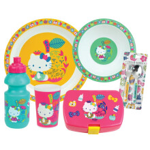 Geschirrset - FUN HOUSE - HELLO KITTY - Glas, tiefer Teller Ø16 cm, Teller Ø22 cm, Besteck, Trinkflasche, Brotdose