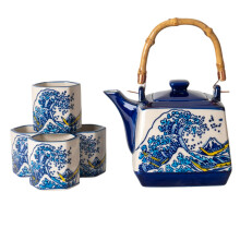 Japanese Style Perfect Square Shape Porcelain Tea Set Teapot with Strainer Wooden Handle and 4 Hexagon Tea Cups Handpainted Hokusai Kanagawa Wave