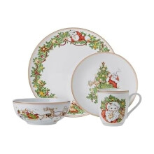 Fitz and Floyd St. Nicholas Gold Banded Holiday 16 Piece Dinnerware Set, Service for 4