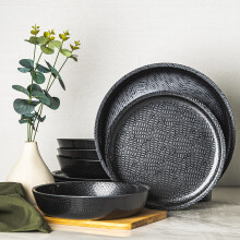 bzyoo 12 Piece Melamine Dinnerware Set - Durable, Dishwasher Safe Black Plates and Bowls - Casual Dining, Parties, Camping Dish Set Mono Black