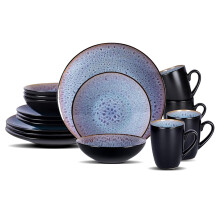 HomeVSS 16-Piece Porcelain Dinnerware Set with Reactive Glaze - Plates & Bowls Sets, 4 Deep Plates, Bowls, Mugs, Microwave & Dishwasher Safe,