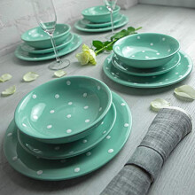 City to Cottage Teal Blue and White Handmade Hand Painted Ceramic 12 Piece Tableware Set | Polka Dot Spotty Dinnerware Service for 4 | Dinner Plates |