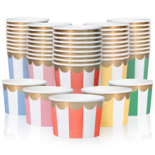 MATICAN Paper Ice Cream Cups - 50-Count 9-Oz Disposable Bowls for Desserts & Soups - Pastel Stripes with Gold Foil