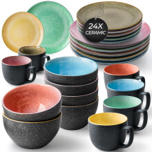 MIAMIO ? Dinnerware Set 24-Piece Service for 6, Stoneware Dinner and Side Plates, Mugs and Cereal/Pasta Bowls - Dishwasher, Microwave & Oven Safe Dish