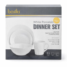White Porcelain Dinner Set 16 Piece | 4 Dinner Plates 9", 4 Side Plates 7.5", 4 Bowls 7", 4 Mugs 11oz | Dishwasher & Microwave Safe