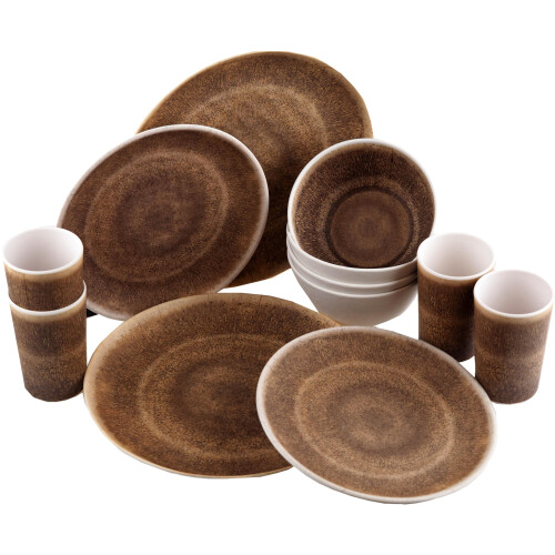 Reusable Quality Melamine Plastic Dinner Set Plates Bowls Cups 16 Piece - Brown