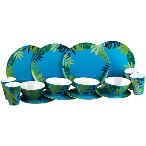 Melamine Reusable Plastic Dinner Set - Blue Green Leaf Plate Cup Bowl (16 Piece Set)