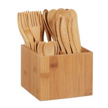 Relaxdays 10024596, Natural Bamboo Set, Each 10 x Knives, Forks, Spoons &Teaspoons, Cutlery Holder, Reusable, 41 Pieces