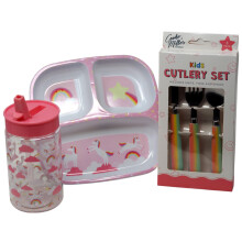 Kids Unicorn Dinner Set - Divided Plate Cup and Metal Cutlery Set