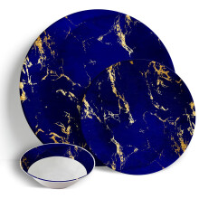 Peacock Supplies 18 Piece Dinner Set - Blue & Gold Marble | Ceramic Porcelain China | 6 x 10.5 Dinner Plates, 6 x 7.5? Side Plates & 6 x 7? Bowls |