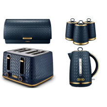 TOWER Empire Midnight Blue 3KW 1.7L Jug Kettle, 4 Slice Toaster, Roll Top Bread Bin and Set of 3 Tea, Coffee & Sugar Canisters. Stylish Art Deco