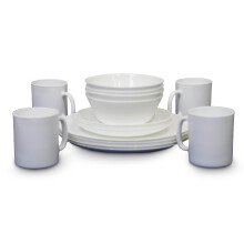 Vango Opal 16 Piece Dinnerware Tempered Glass Dining Set: 4 Dinner Plates, 4 Side Plates, 4 Bowls, 4 Mugs, Dishwasher & Microwave Safe