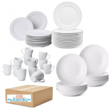 Slamtech Porcelain 48-Pieces Dinnerware Large Set, Service for 12, White, 12 Dinner Plates, 12 Side Small Plates, 12 Pasta Bowls and 12 Cups, Party