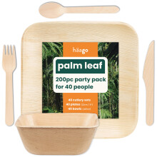 HAAGO 200-Piece Palm Leaf Disposable Plates, Bowls & Cutlery Set - 40 22cm Square Plate, 40 450ml Square Bowl & 120 Piece Birchwood Cutlery Set -