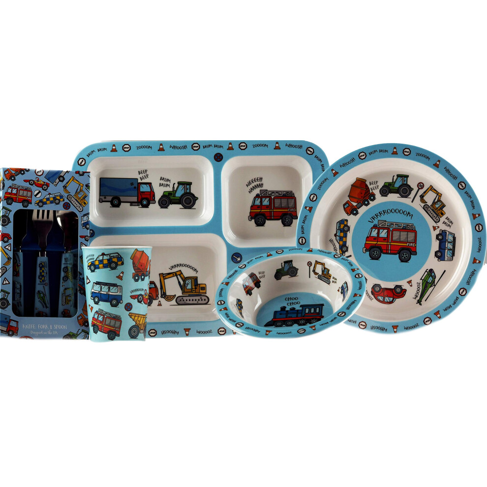 Lp Vehicles/Lorry's 5 Piece Melamine Kid's Dinner Set - Plate, Bowl, Tray, Cup, Metal Cutlery Justswagddeeff