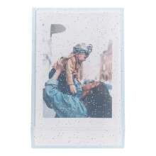 3 inch fotobewaardoos voor instant camera's, mini fotohouder met ophangkoord voor foto's en pasjes, blauw transparant met glitter.