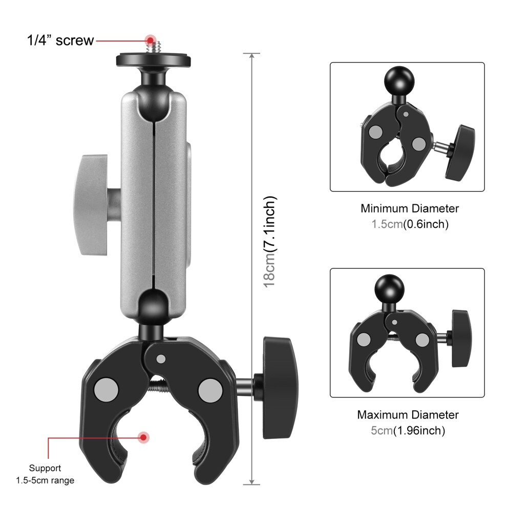 Puluz Pu867b Aluminum Alloy Bicycle Handlebar Camera Mount Clamp, 2Kg Load Dual 360 Rotatable Ball Head With Gopro Adapter For Action Cameras 3541229232324