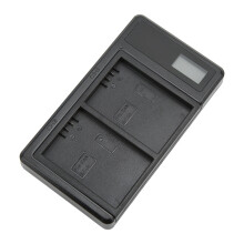 Dubbele acculader met slim LCD-display en dubbele USB-aansluiting, compatibel met LP E5-accu's en camera-accessoires.
