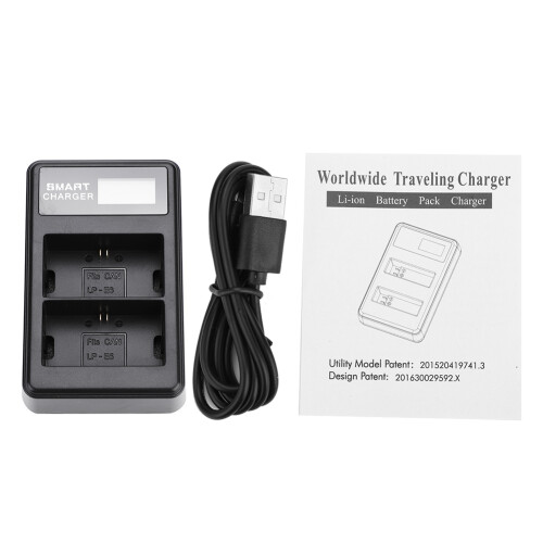 Carregador de bateria de câmera de canal duplo com porta USB e visor LCD, compatível com acessórios Canon (compatível com LP-E6). 1
