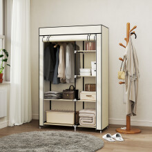 (Cream) HOMCOM Fabric Wardrobe w/ Shelves Hanging Rail Foldable Closets