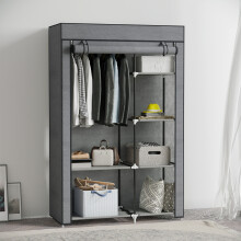 (Grey) HOMCOM Fabric Wardrobe w/ Shelves Hanging Rail Foldable Closets