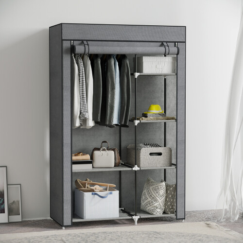 Homcom (Grey) HOMCOM Fabric Wardrobe w/ Shelves Hanging Rail Foldable Closets