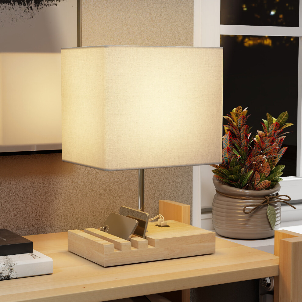Homcom Unisex White Table Lamp With Slots, Bedside Lamp With Solid Wood Base In Size 3 - Image 4