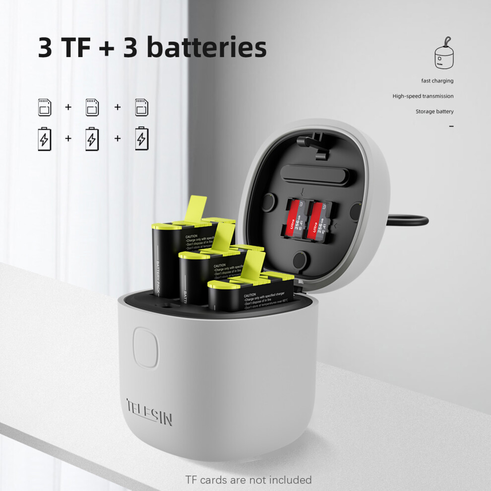 Telesin 3-Slot Battery Charger Box Ip54 Waterproof With Tf Card Storage, Includes 3 X 1750Mah Batteries For Gopro Hero 11/10/9 3103551257996