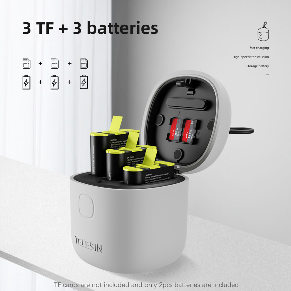 Telesin Battery Charger Set For Gopro Hero 11/10/9, Ip54 Waterproof 3-Slot Box With 2 X 1750Mah Batteries And Tf Card Storage 3038568697353