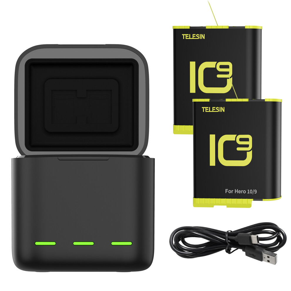 Telesin Sports Camera Battery Storage Charger Set 1 * 3-Slot Charging Box + 2 * 1750Mah Batteries With Tf Card Slots For Gopro Hero 11/10/9 3749185657261