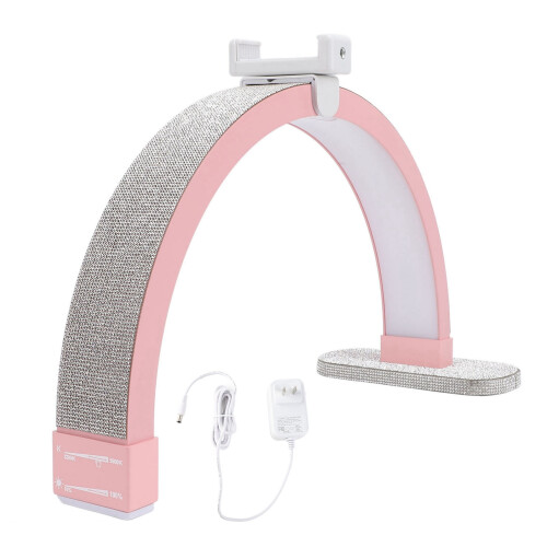 Luminária de mesa para manicure em formato de meia-lua de 16 polegadas, 20W, 3200 a 5600K, com strass e suporte para celular. 1