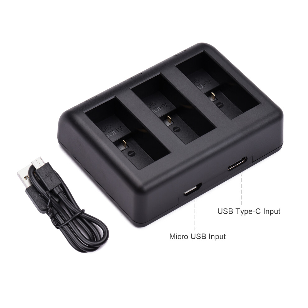 Action Camera Battery Charger 3-Slot Fast Charging With Micro Usb & Type-C Input Replacement Compatible With Gopro Hero 9 10 Batteries 3223741028011