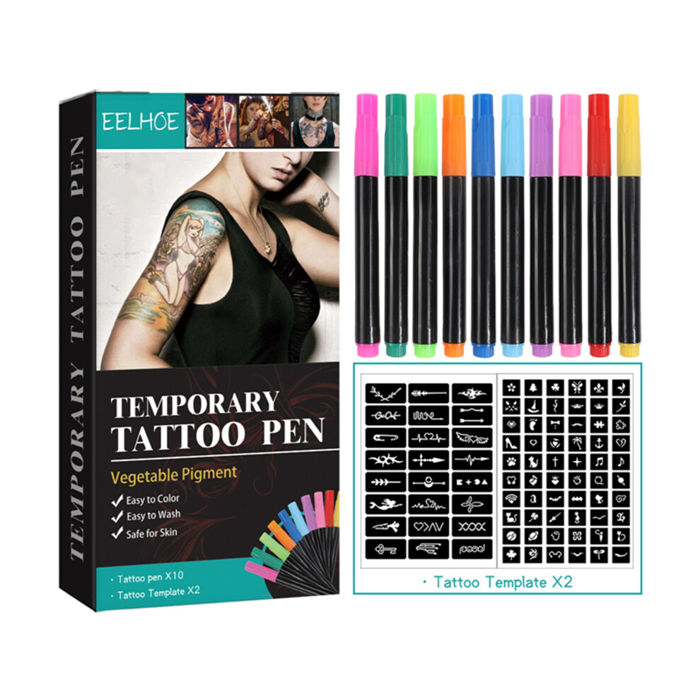 (10pcs, Multicolor) Temporary Tattoo Pen Kit, Colorful Tattoo Marker with Template Body Art Supplies