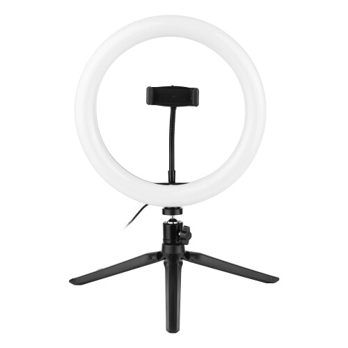 Kit de transmissão de vídeo Andoer com anel de luz LED de 10 polegadas, mini tripé com cabeça esférica, disparador remoto e suporte para celular. 1
