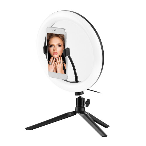 Kit de transmissão de vídeo Andoer com anel de luz LED de 10 polegadas, mini tripé com cabeça esférica, disparador remoto e suporte para celular. 2