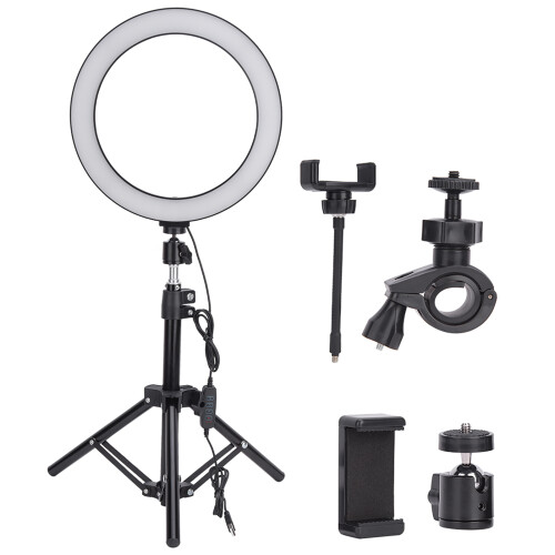 Anel de luz LED de 10 polegadas com intensidade ajustável, porta USB, suporte para celular, tripé dobrável e 3 cores de iluminação. 2