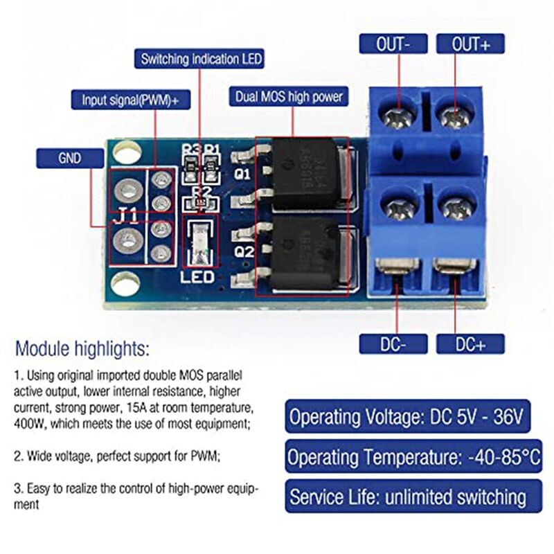 Speed Regulate Module 60PCS MOSFET Drive Module 5V-36V 15A(Max 30A) 400W Dual High-Power 0 ...