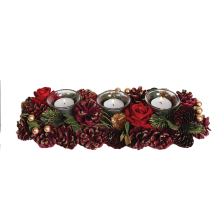 Christmas Tea Light Candle Holder - Three Clear Holders Red Roses & Pine Cones
