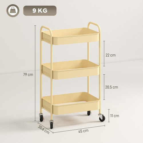 Homcom (Yellow) HOMCOM 3 Tier Rolling Utility Cart with 3 Mesh Basket 2