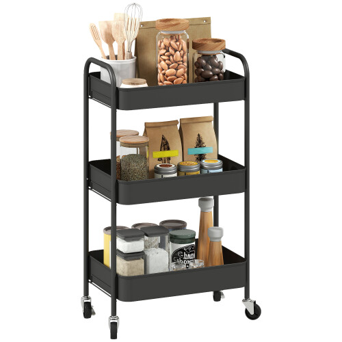 Homcom (Black) HOMCOM 3 Tier Rolling Utility Cart with 3 Mesh Basket 1