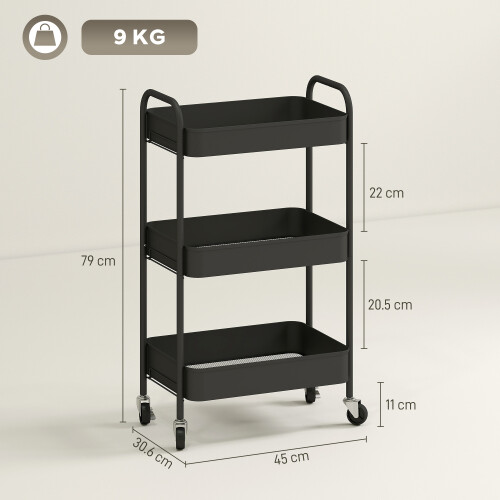 Homcom (Black) HOMCOM 3 Tier Rolling Utility Cart with 3 Mesh Basket 2