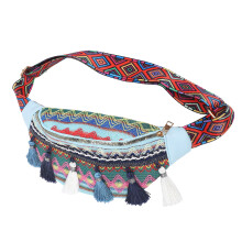 Waist Bag Polyester Folk Style Tassel Trim Large Capacity Simple Stylish Chest Bag Compatible With Travel Daily Wear Blue