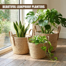 GEEZY Wicker Plant Pots with Handles 3Pc Indoor Seagrass Storage Basket Rattan Planter