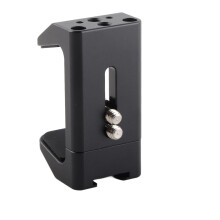 Universele powerbankhouder van aluminiumlegering met vaste klem, compatibel met camera's met een 1/4 inch schroefgat en cold shoe-bevestiging.