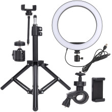 Anello luminoso a LED da 10 pollici, dimmerabile, con porta USB, clip per telefono, treppiede pieghevole e 3 colori di illuminazione.